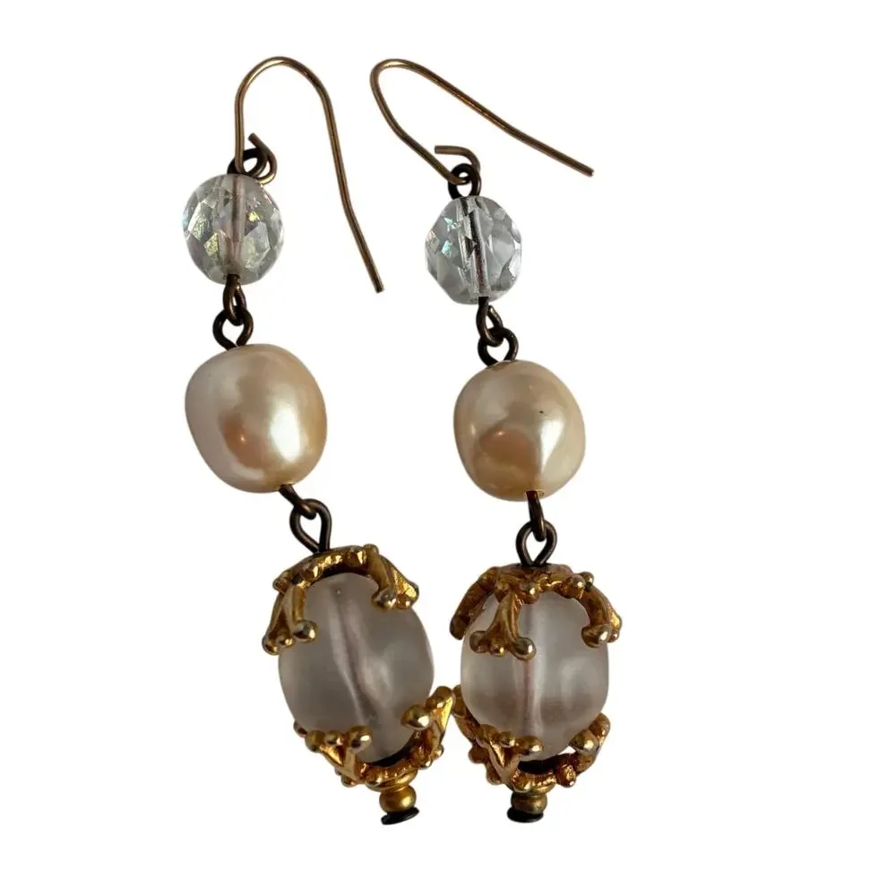 Vintage Inspired Gold Tone Dangle Earrings Faux Pearls Clear Crystals Frosted